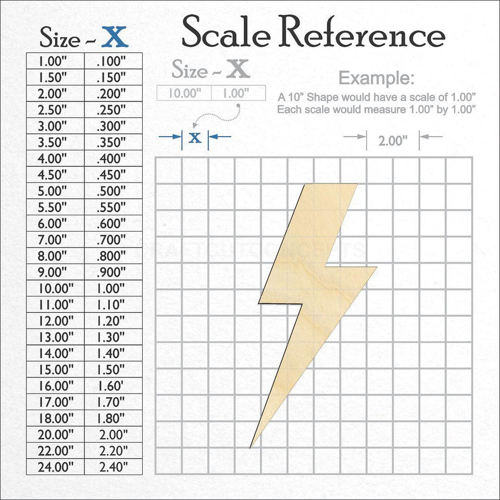 A scale and graph image showing a wood Lightening Bolt craft blank