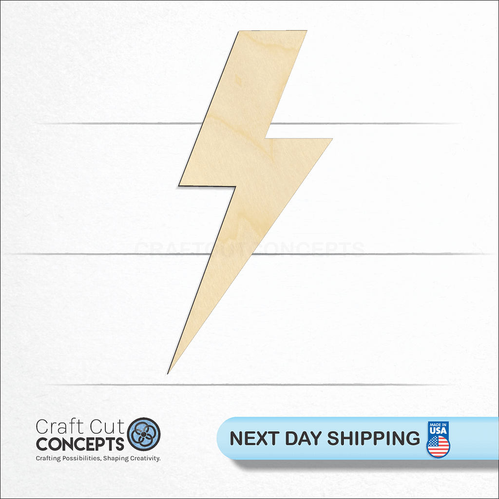 Craft Cut Concepts logo and next day shipping banner with an unfinished wood Lightening Bolt craft shape and blank