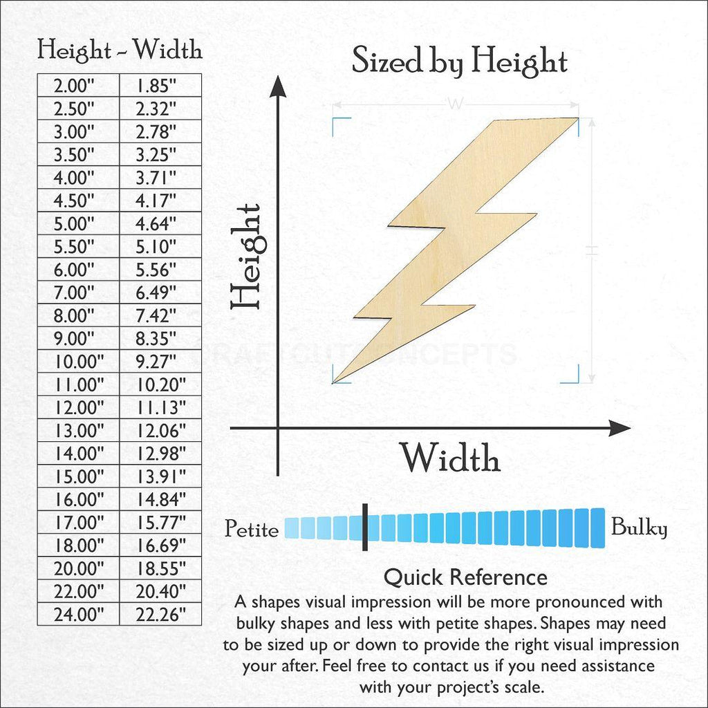 Sizes available for a laser cut Lightening Bolt craft blank