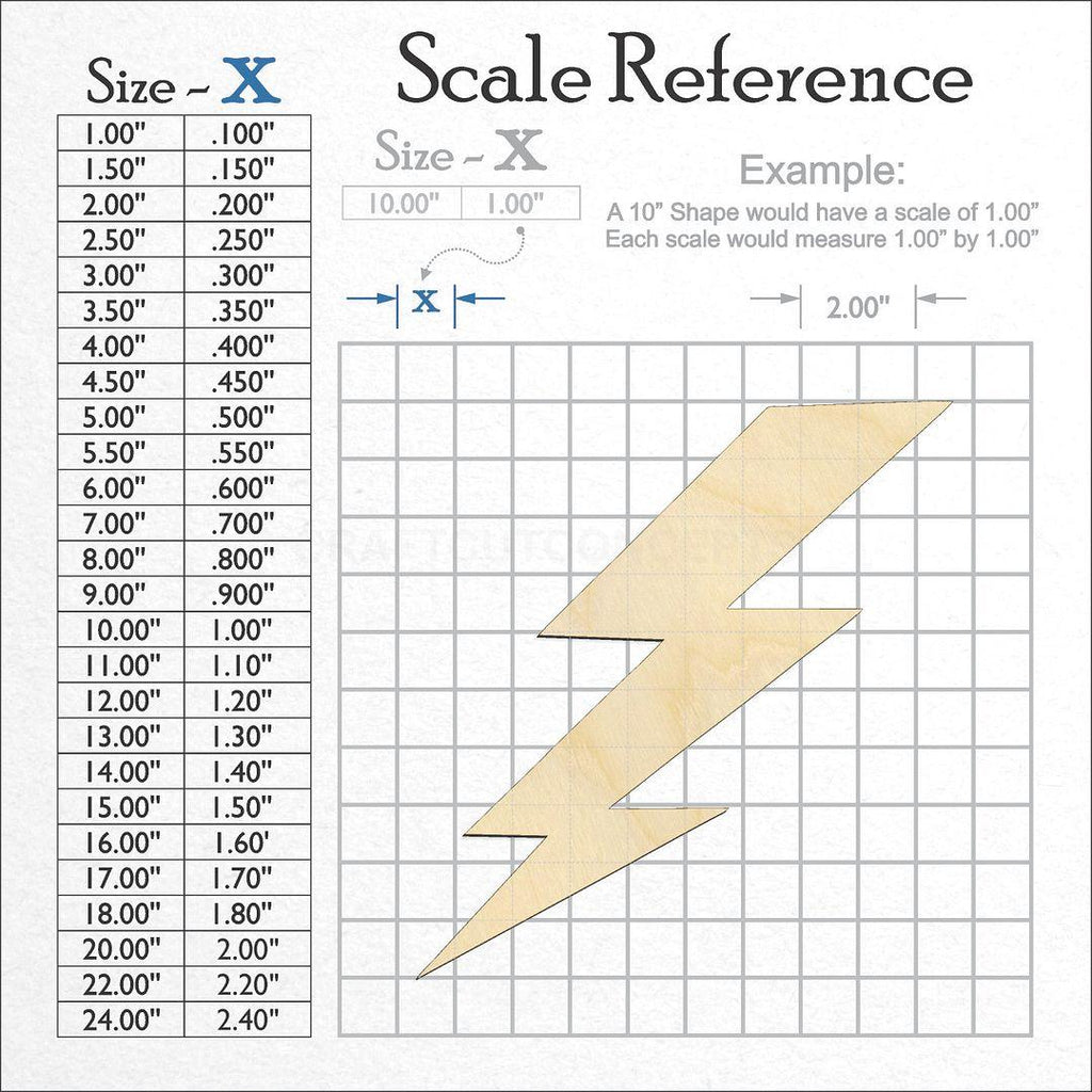 A scale and graph image showing a wood Lightening Bolt craft blank