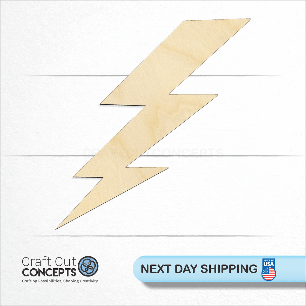 Craft Cut Concepts logo and next day shipping banner with an unfinished wood Lightening Bolt craft shape and blank