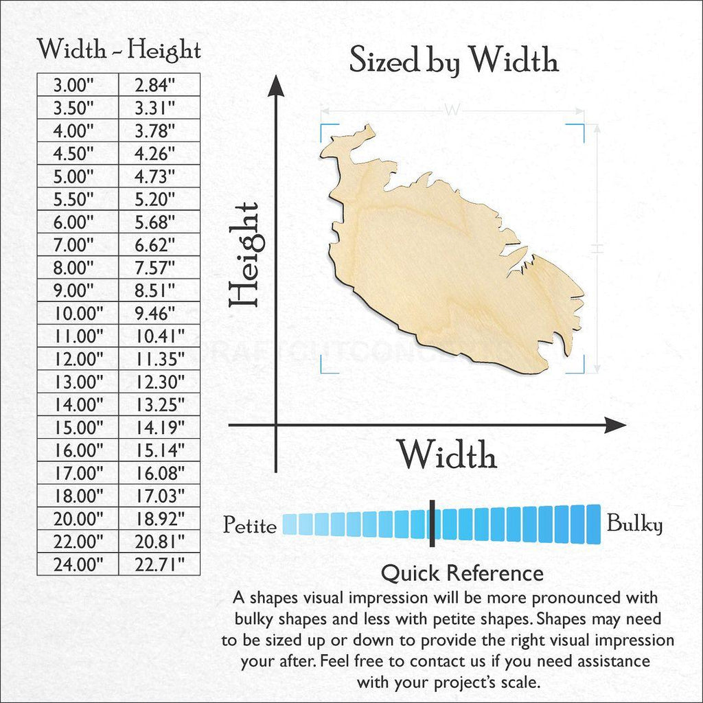 Sizes available for a laser cut Malta craft blank