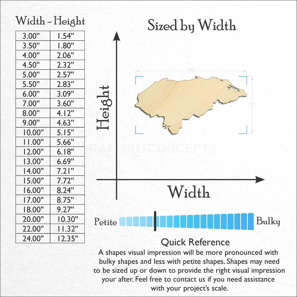Sizes available for a laser cut Honduras craft blank