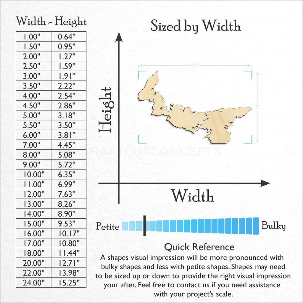 Sizes available for a laser cut Prince Edward Island craft blank