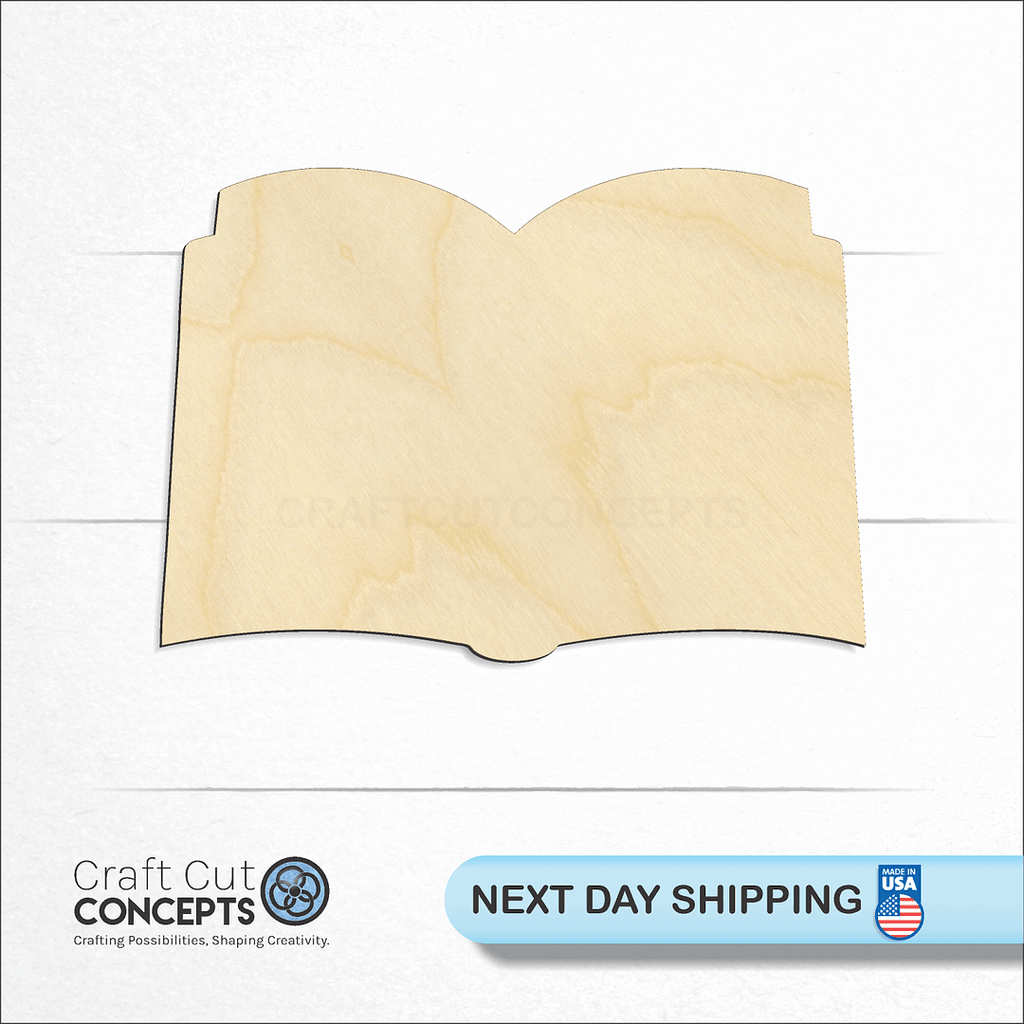 Craft Cut Concepts logo and next day shipping banner with an unfinished wood Open Book craft shape and blank