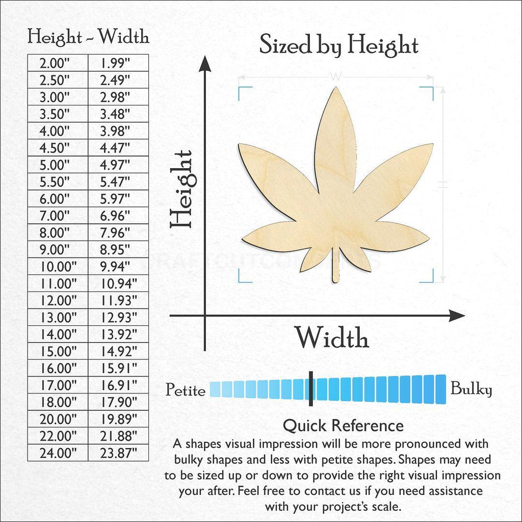 Sizes available for a laser cut smooth weed leaf craft blank