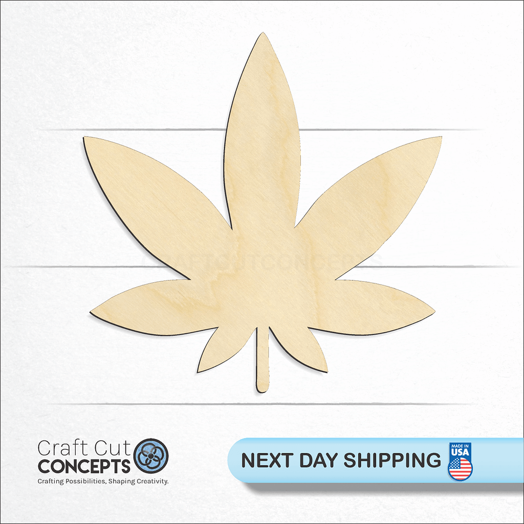 Craft Cut Concepts logo and next day shipping banner with an unfinished wood smooth weed leaf craft shape and blank