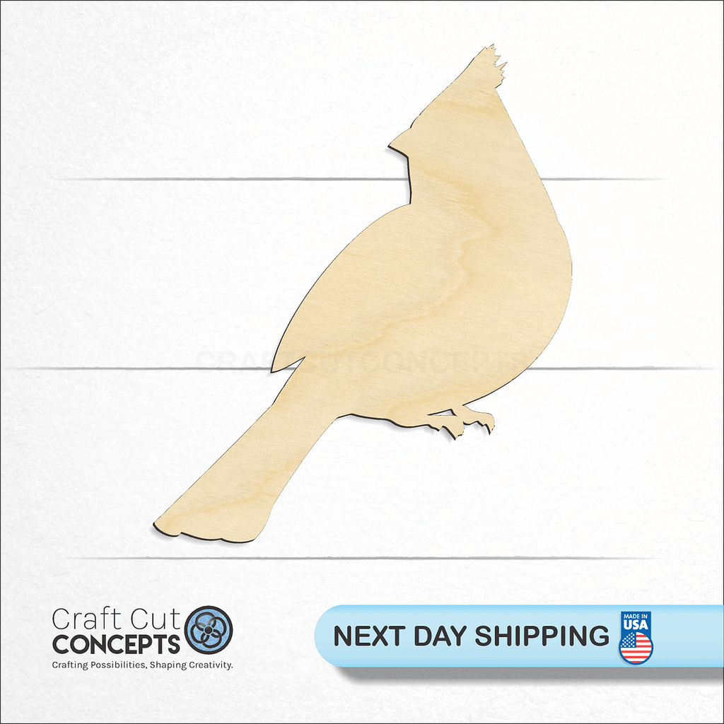 Craft Cut Concepts logo and next day shipping banner with an unfinished wood Cardinal craft shape and blank