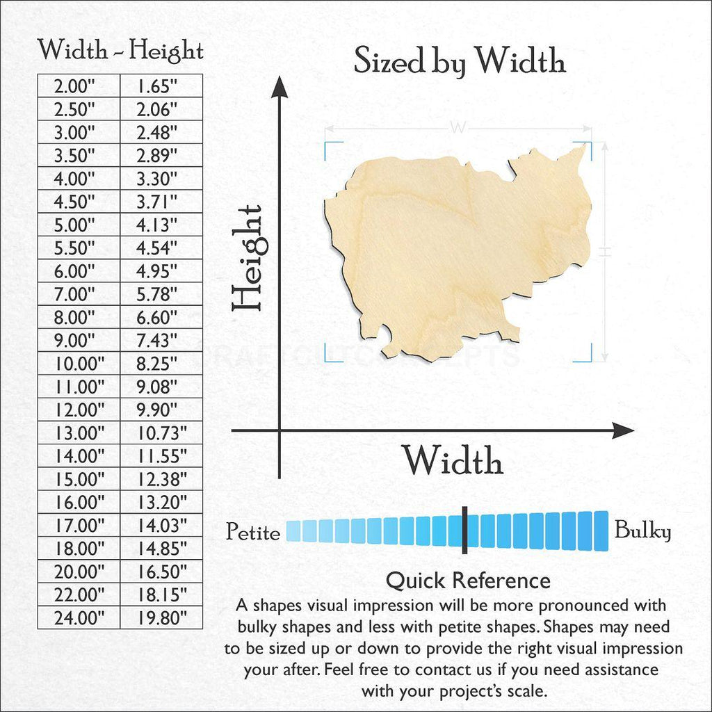 Sizes available for a laser cut Cambodia craft blank