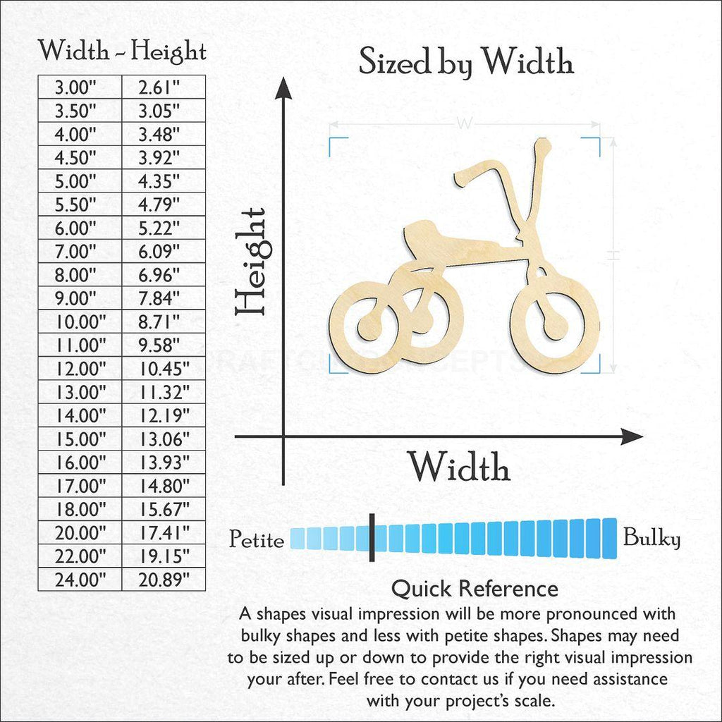 Sizes available for a laser cut Tricycle craft blank