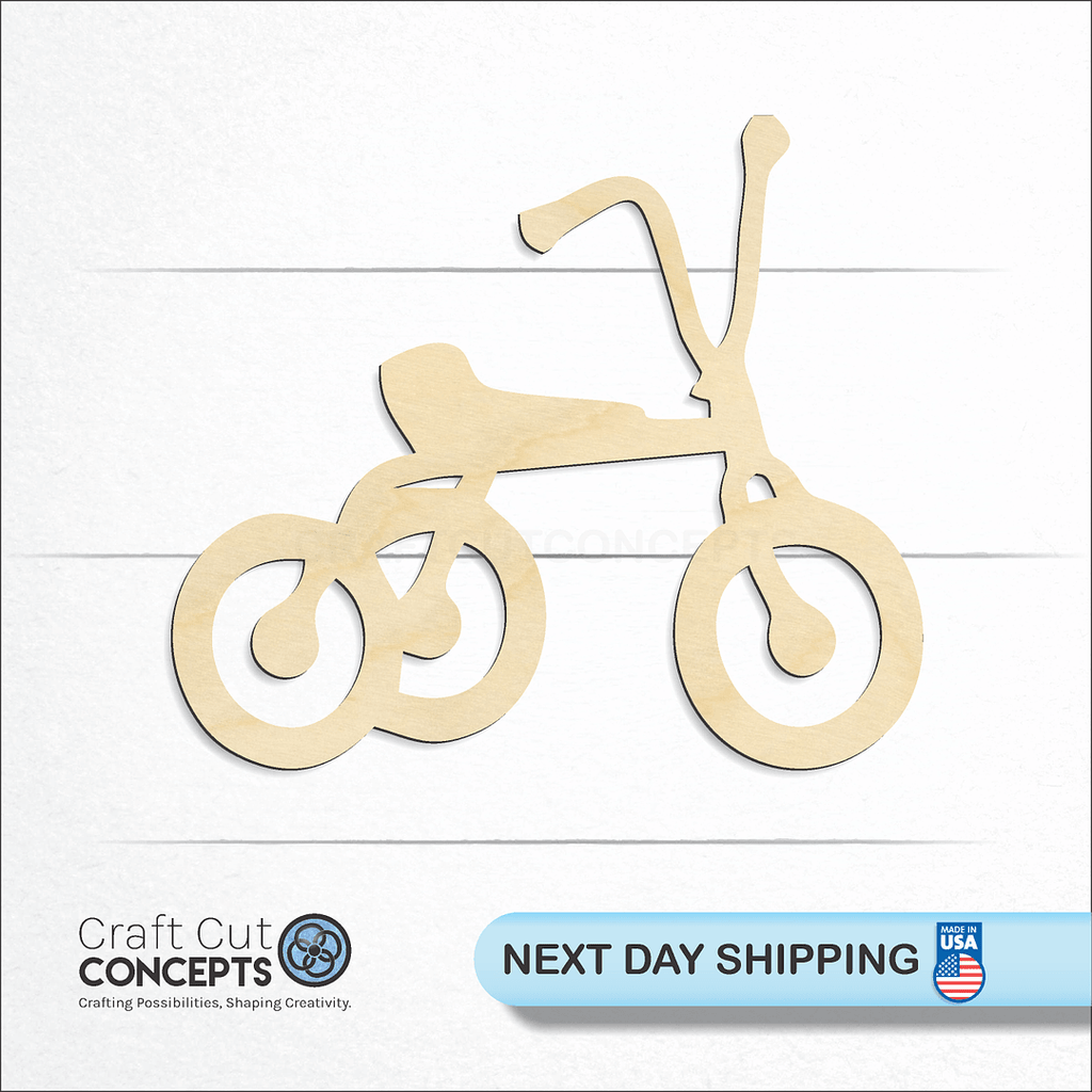 Craft Cut Concepts logo and next day shipping banner with an unfinished wood Tricycle craft shape and blank