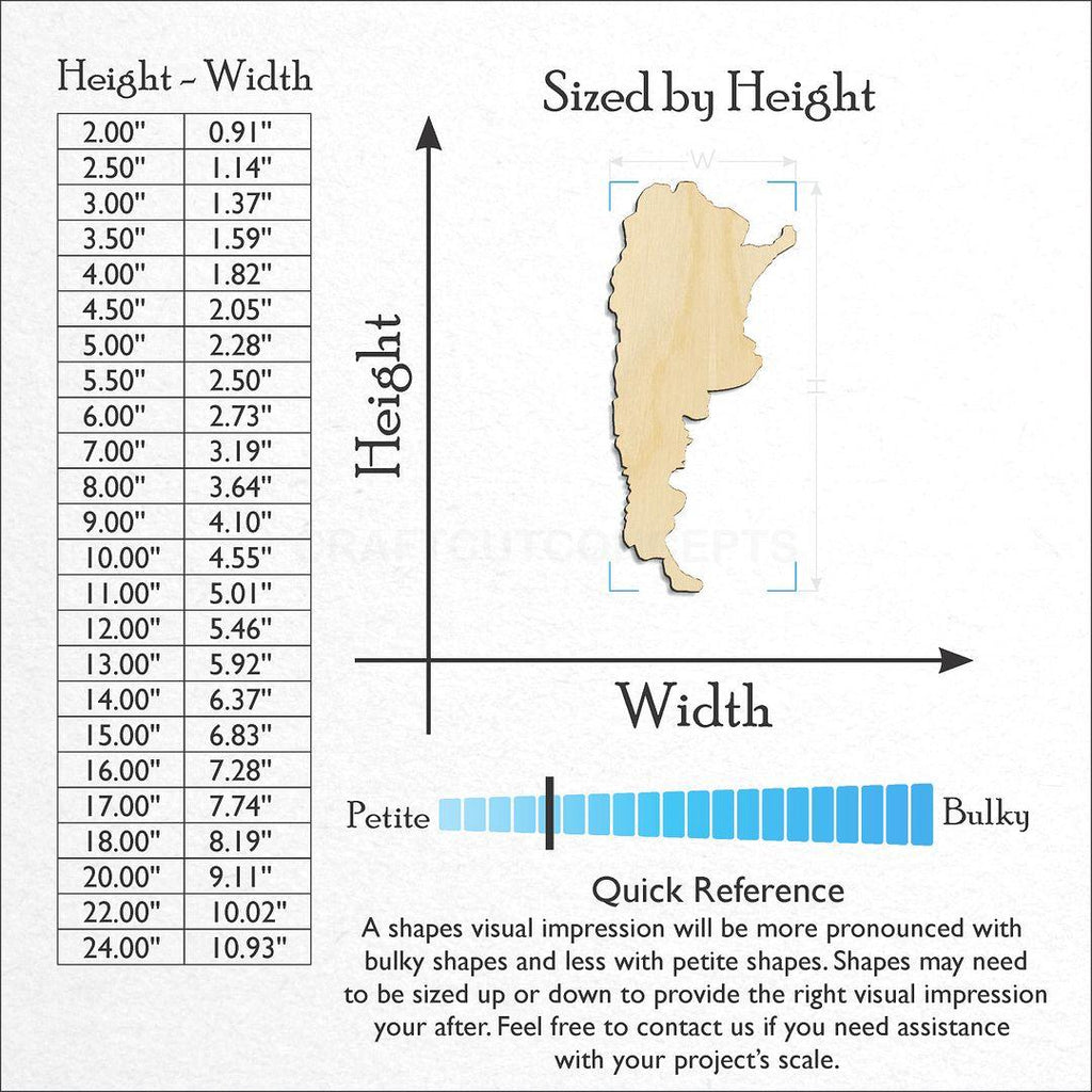 Sizes available for a laser cut Argentina craft blank