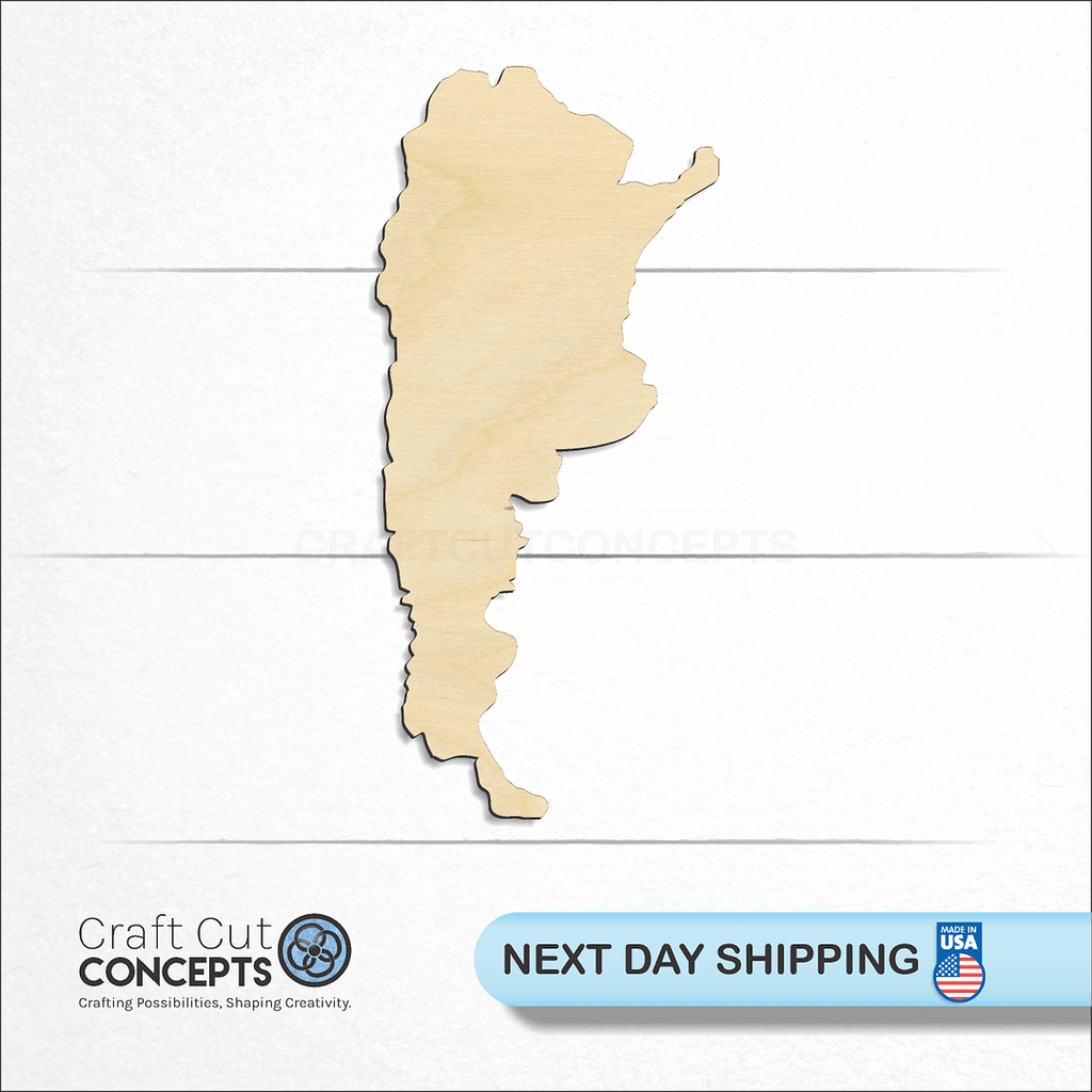 Craft Cut Concepts logo and next day shipping banner with an unfinished wood Argentina craft shape and blank