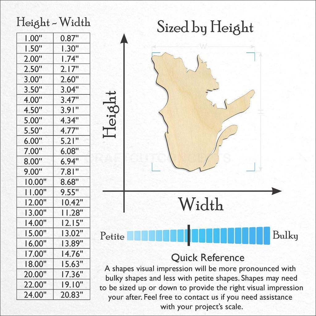 Sizes available for a laser cut Quebec craft blank