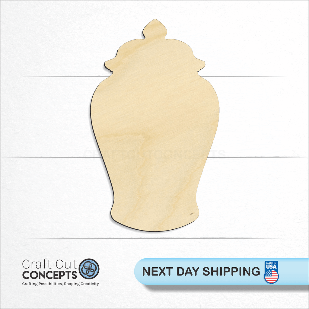 Craft Cut Concepts logo and next day shipping banner with an unfinished wood Ginger Jar craft shape and blank