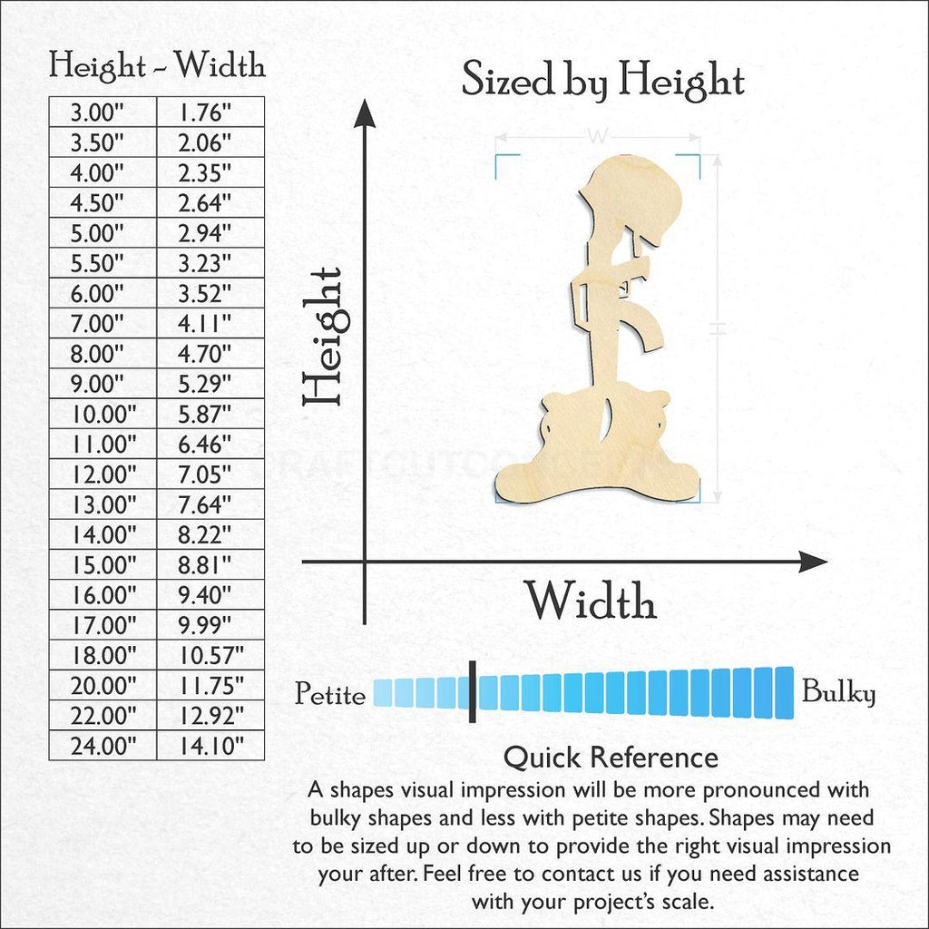 Sizes available for a laser cut Fallen Soldier craft blank