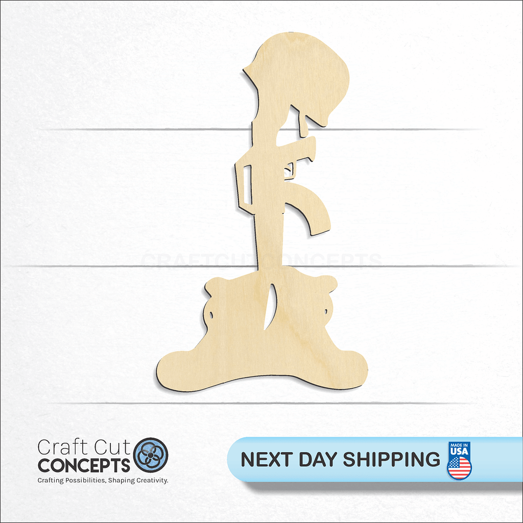 Craft Cut Concepts logo and next day shipping banner with an unfinished wood Fallen Soldier craft shape and blank