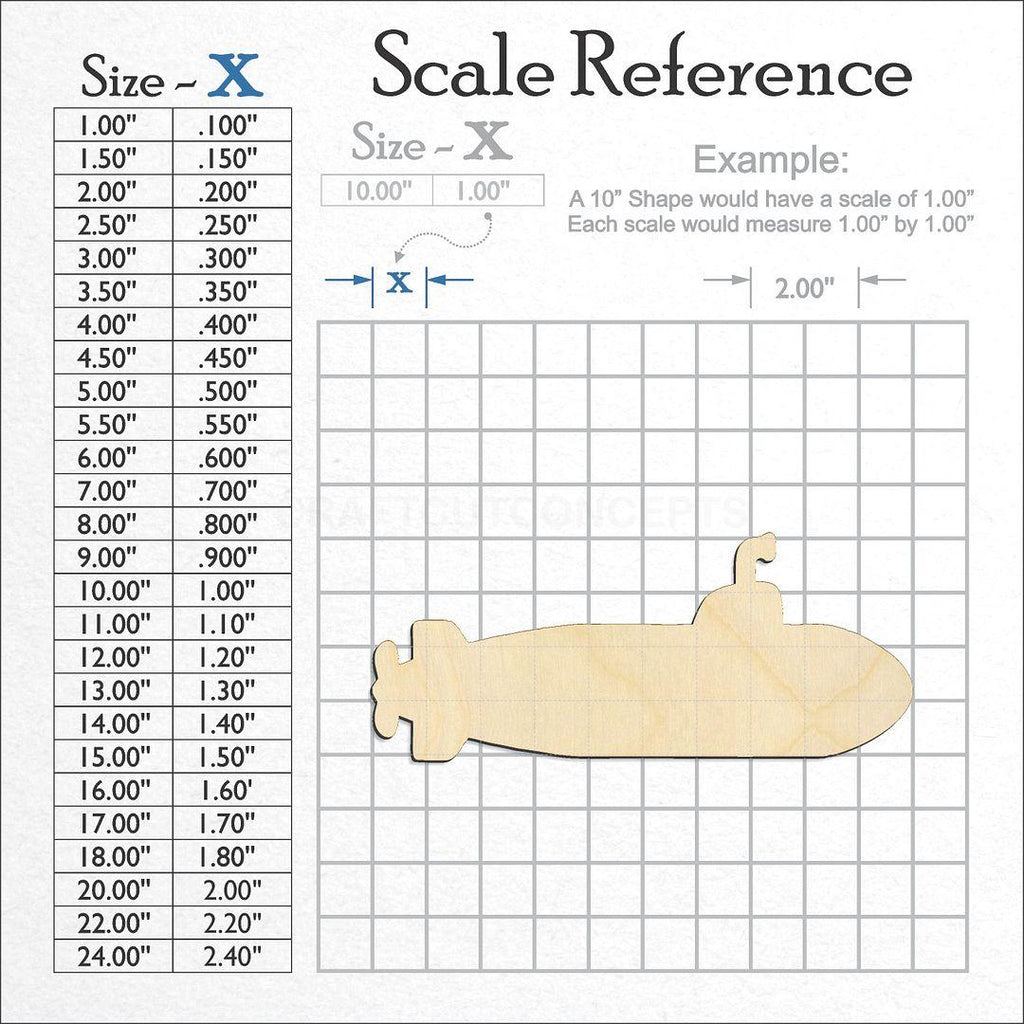 A scale and graph image showing a wood Submarine craft blank