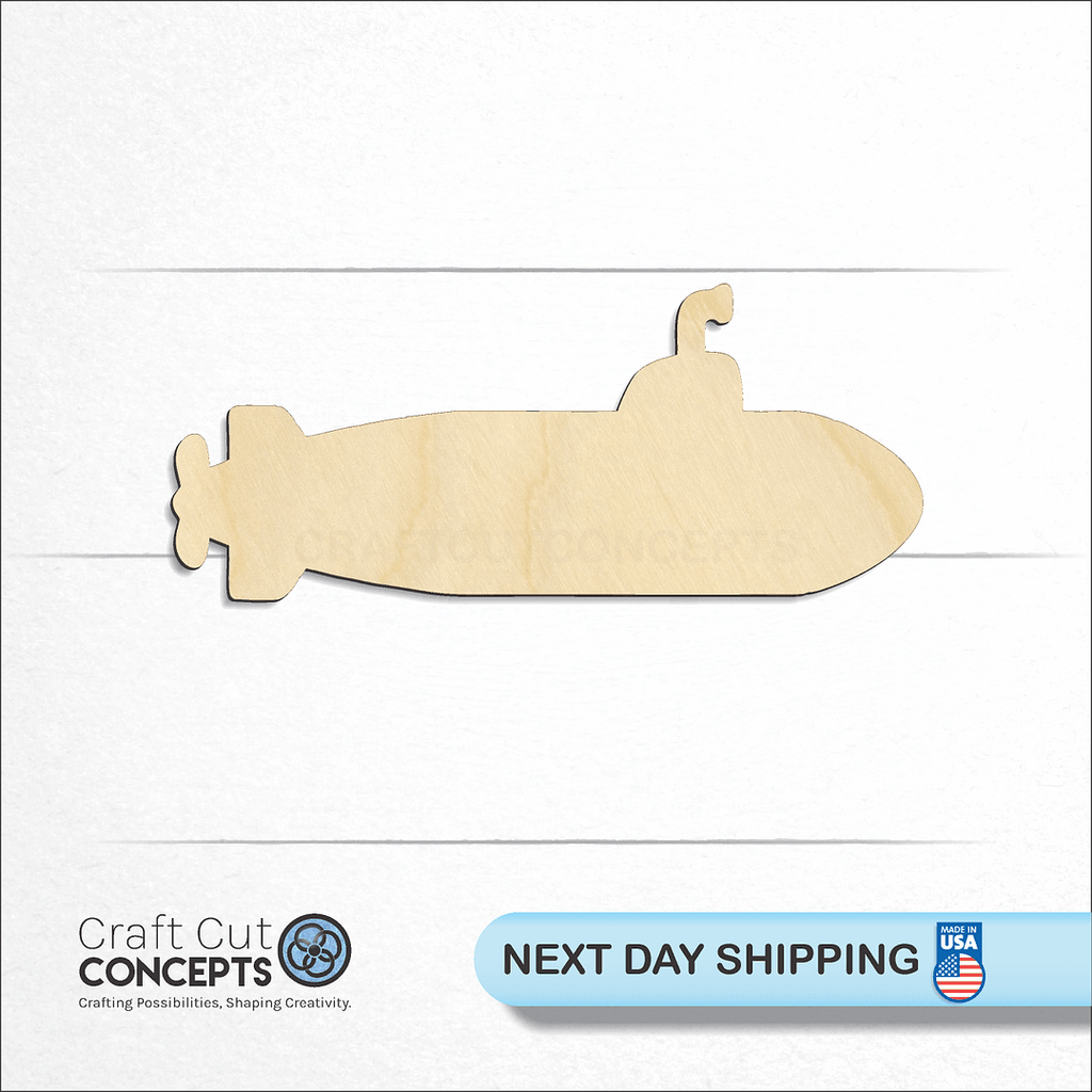 Craft Cut Concepts logo and next day shipping banner with an unfinished wood Submarine craft shape and blank