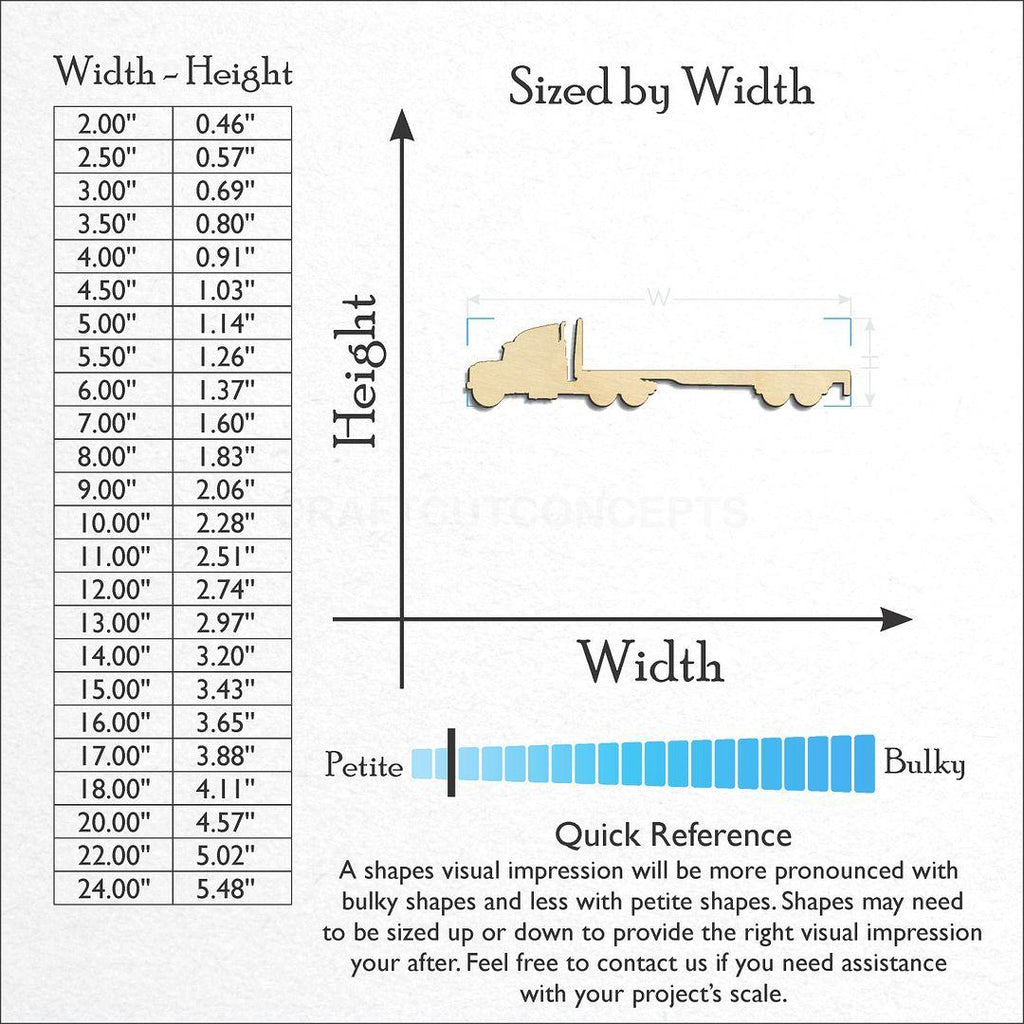 Sizes available for a laser cut Semi Truck with Flat trailer craft blank