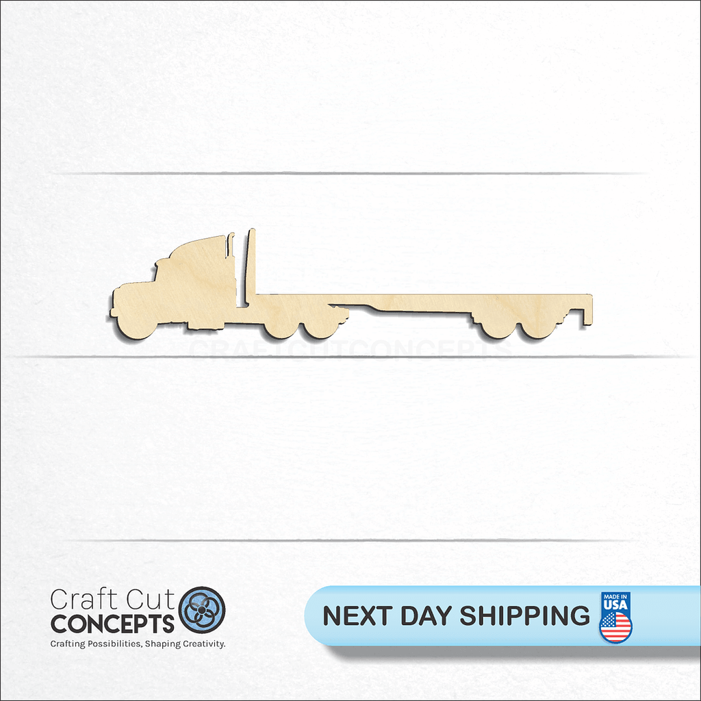 Craft Cut Concepts logo and next day shipping banner with an unfinished wood Semi Truck with Flat trailer craft shape and blank