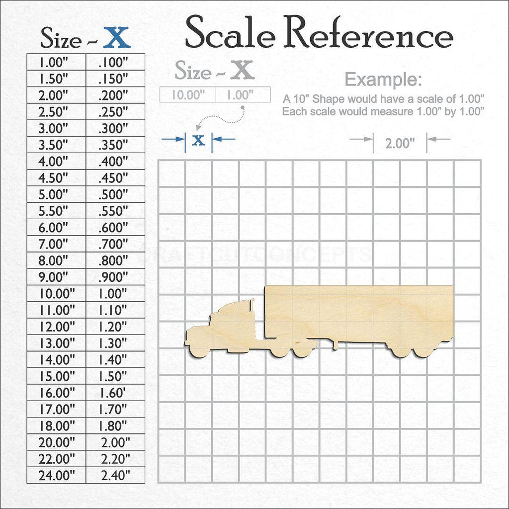 A scale and graph image showing a wood Semi Truck with trailer craft blank