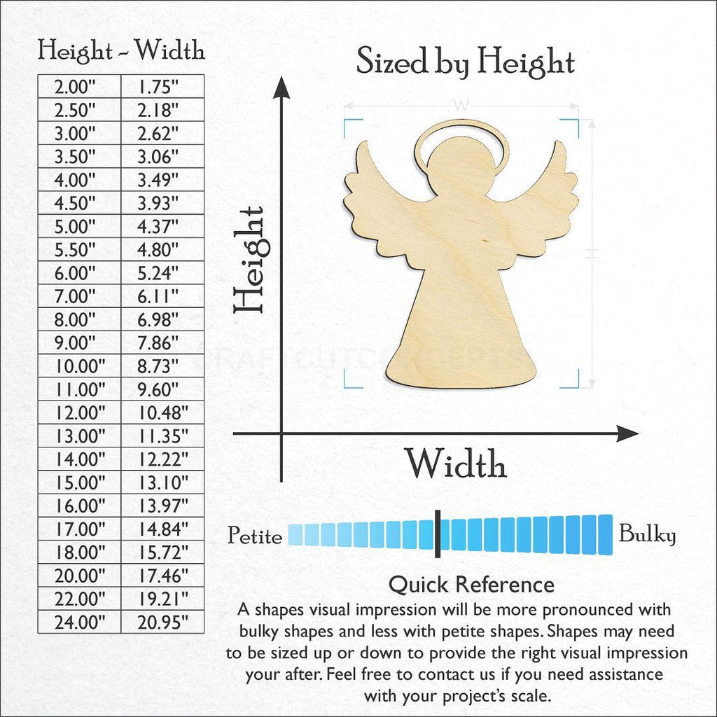 Sizes available for a laser cut Christmas angel craft blank