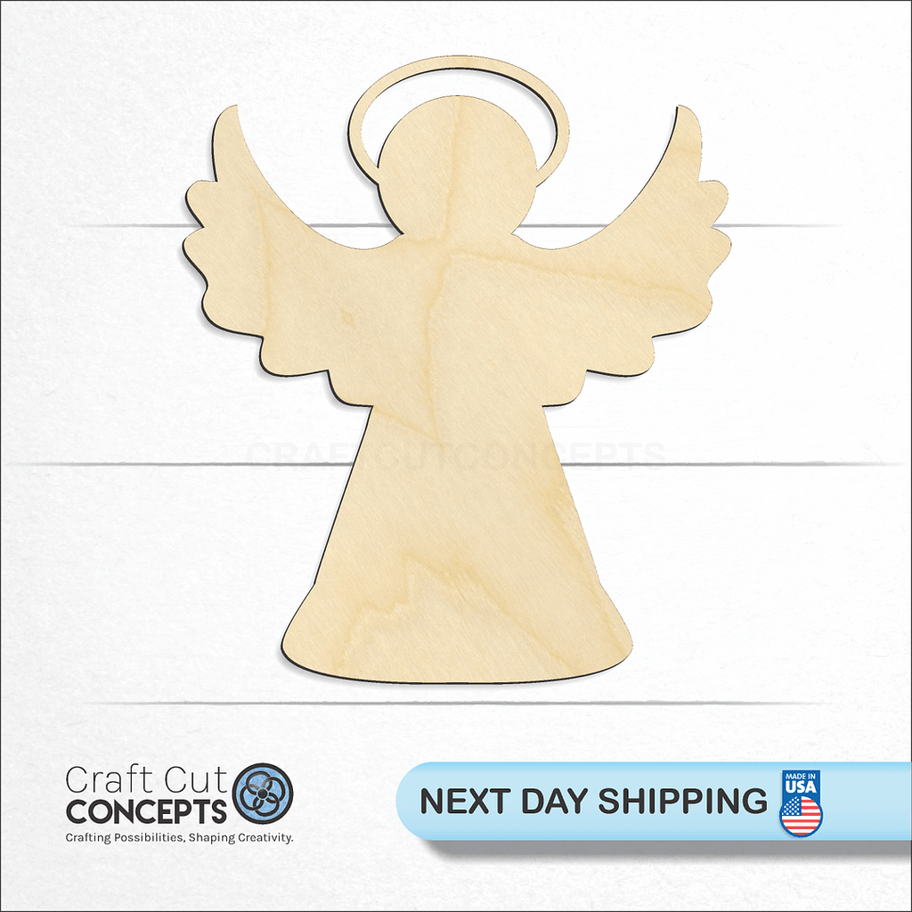 Craft Cut Concepts logo and next day shipping banner with an unfinished wood Christmas angel craft shape and blank