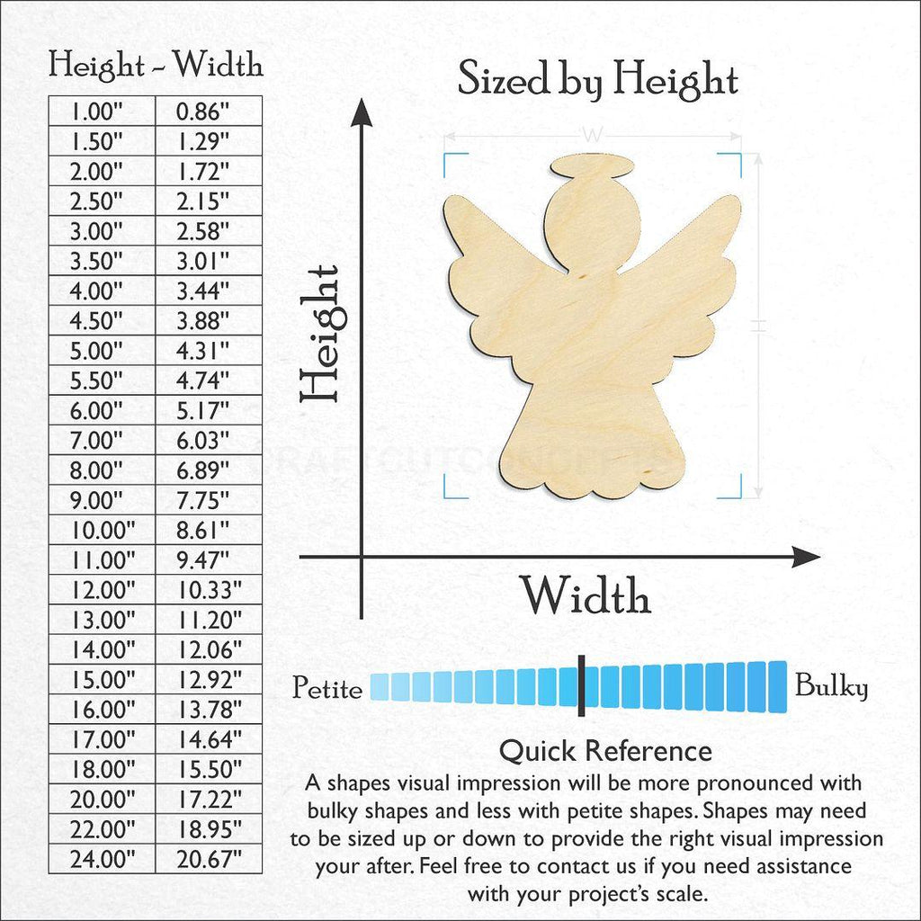Sizes available for a laser cut Christmas angel craft blank