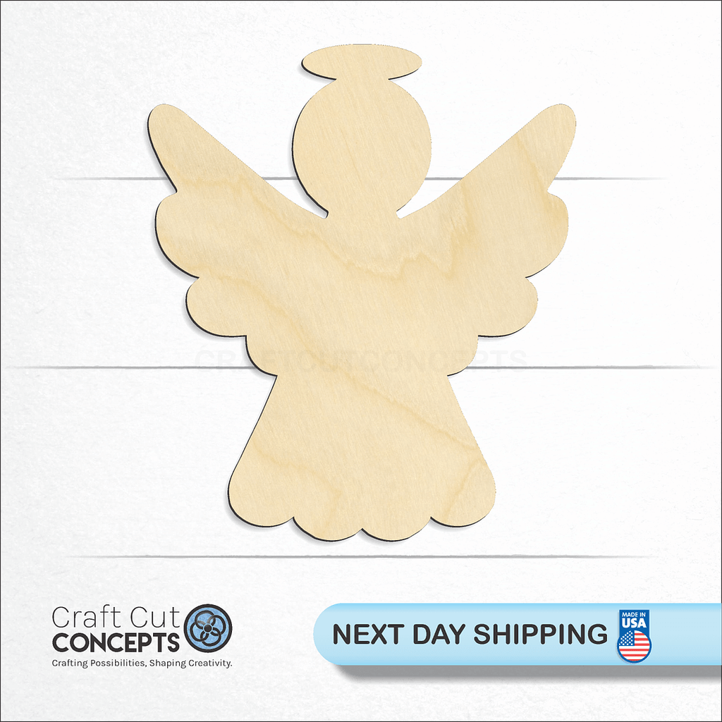 Craft Cut Concepts logo and next day shipping banner with an unfinished wood Christmas angel craft shape and blank