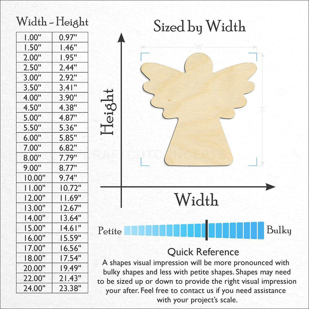 Sizes available for a laser cut Christmas angel craft blank