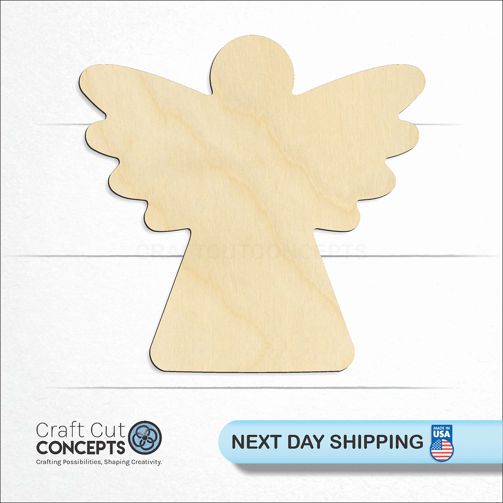 Craft Cut Concepts logo and next day shipping banner with an unfinished wood Christmas angel craft shape and blank