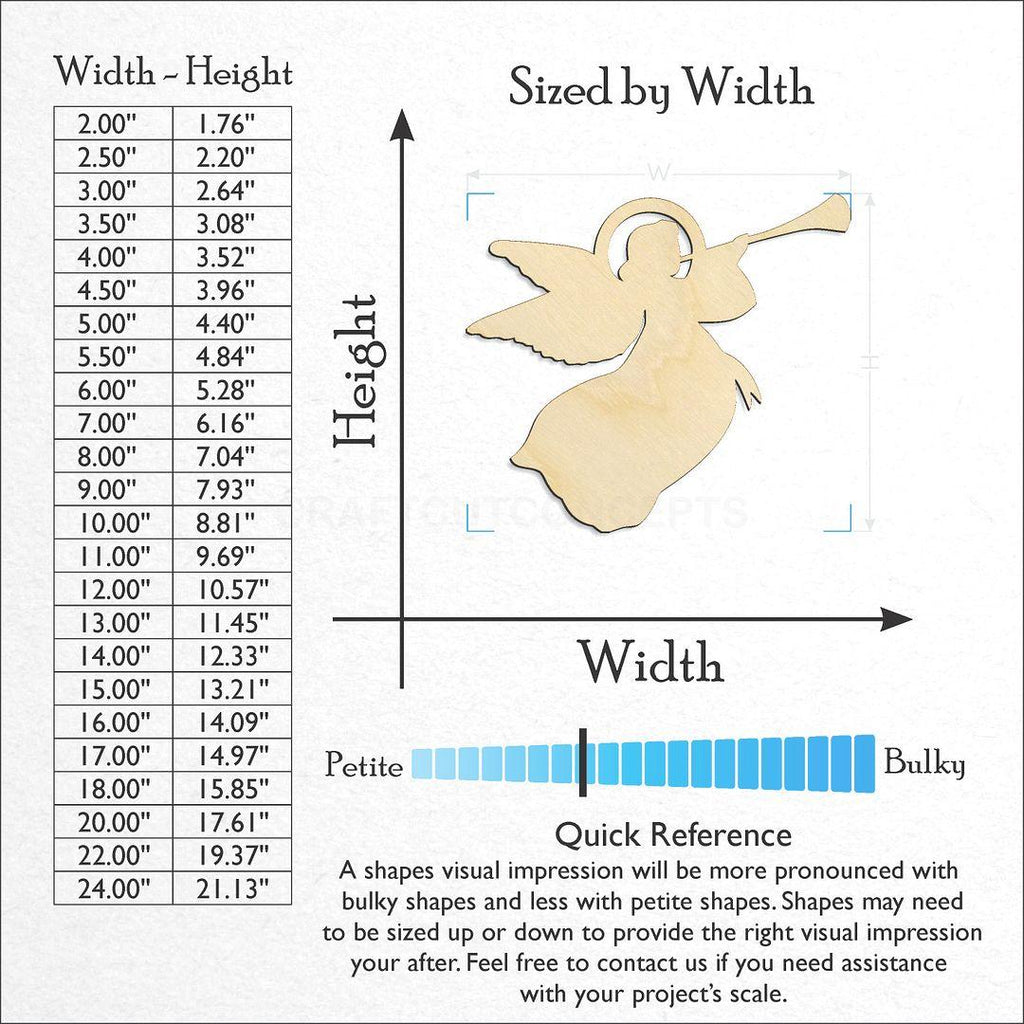 Sizes available for a laser cut Christmas angel craft blank