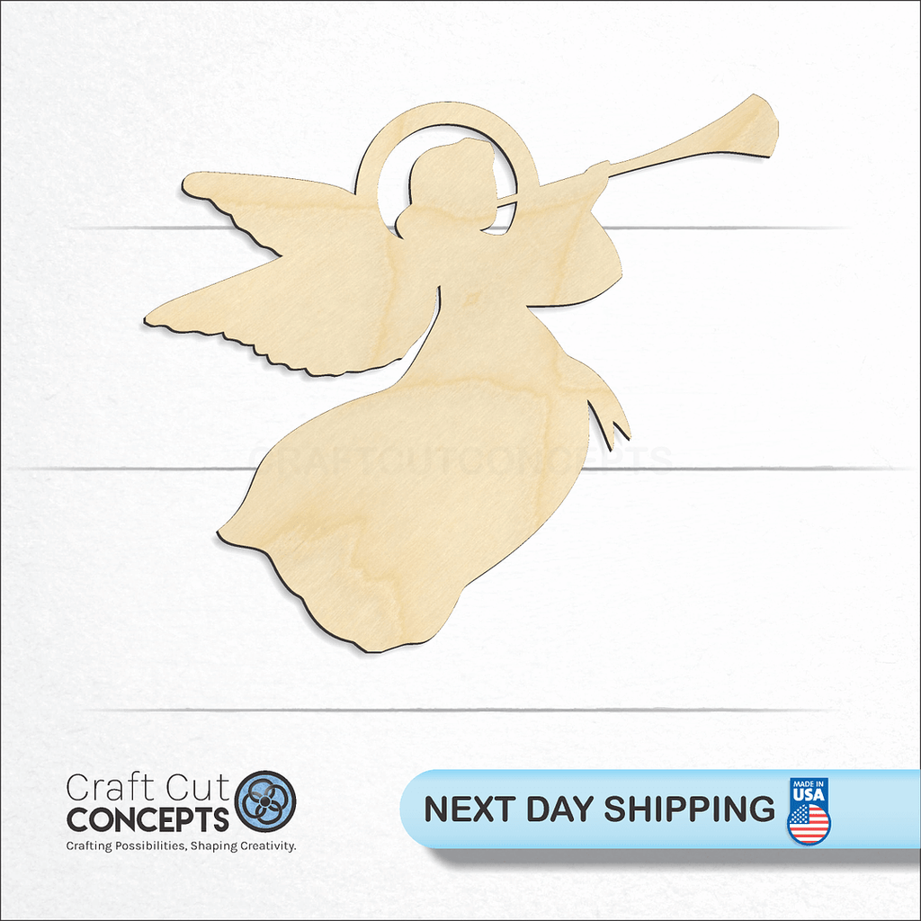 Craft Cut Concepts logo and next day shipping banner with an unfinished wood Christmas angel craft shape and blank