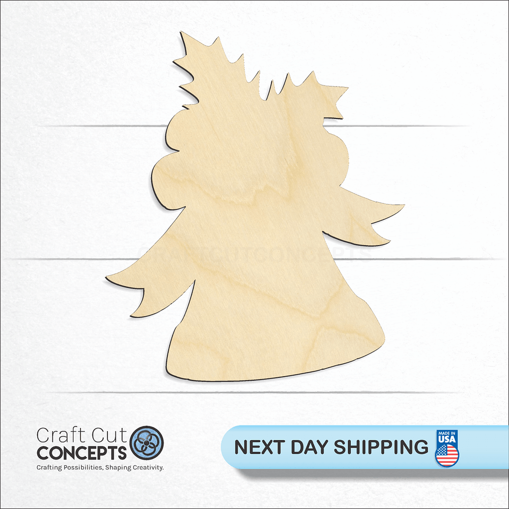 Craft Cut Concepts logo and next day shipping banner with an unfinished wood Christmas Bells craft shape and blank