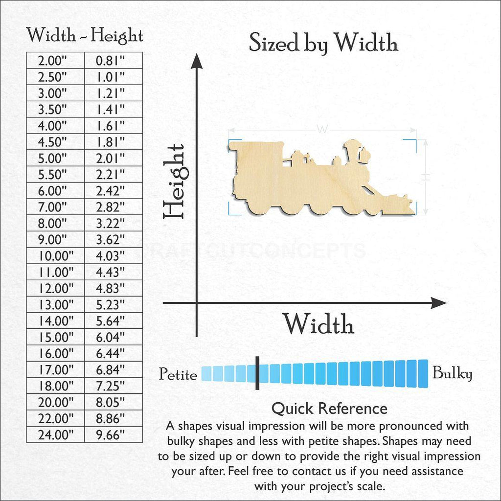 Sizes available for a laser cut Locomotive craft blank
