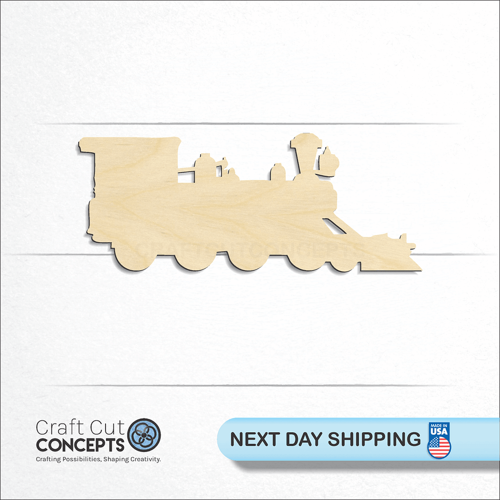 Craft Cut Concepts logo and next day shipping banner with an unfinished wood Locomotive craft shape and blank