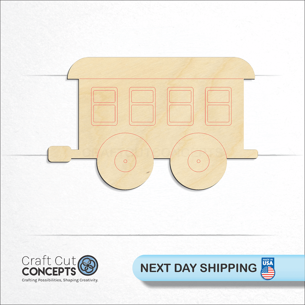 Craft Cut Concepts logo and next day shipping banner with an unfinished wood Toy Train Car craft shape and blank