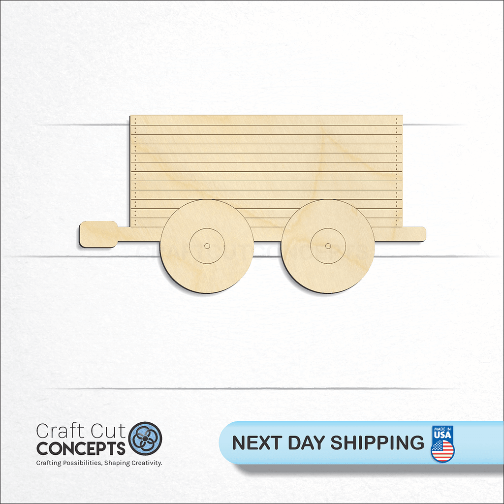 Craft Cut Concepts logo and next day shipping banner with an unfinished wood Toy Train Car craft shape and blank