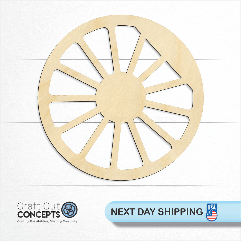 Craft Cut Concepts logo and next day shipping banner with an unfinished wood Locomotive Wheel craft shape and blank