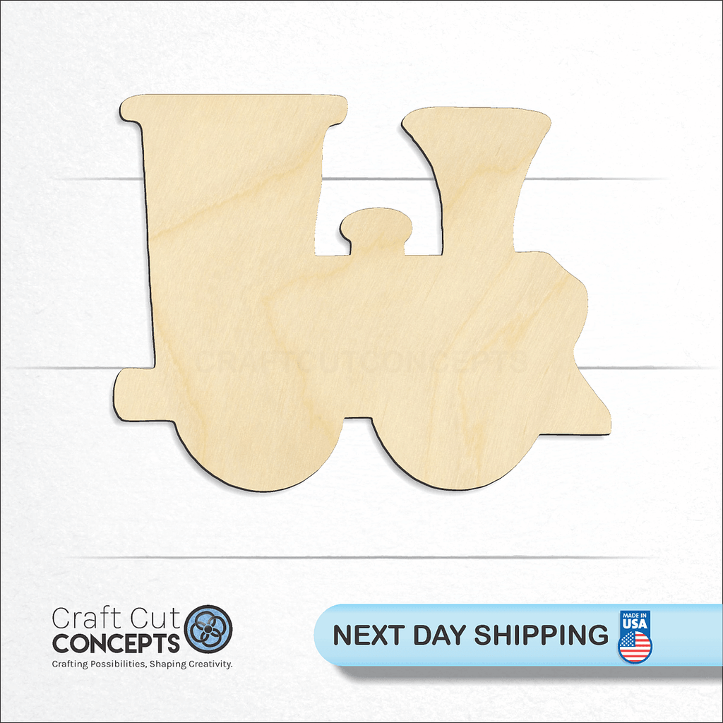 Craft Cut Concepts logo and next day shipping banner with an unfinished wood Train craft shape and blank