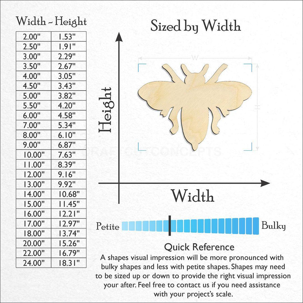 Sizes available for a laser cut Bee craft blank