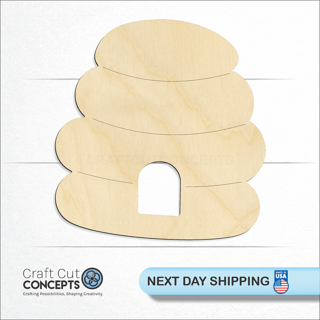 Craft Cut Concepts logo and next day shipping banner with an unfinished wood Bee Hive craft shape and blank