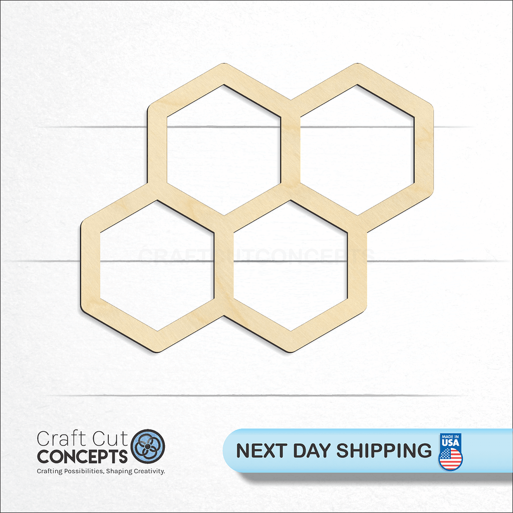 Craft Cut Concepts logo and next day shipping banner with an unfinished wood Honey Comb craft shape and blank