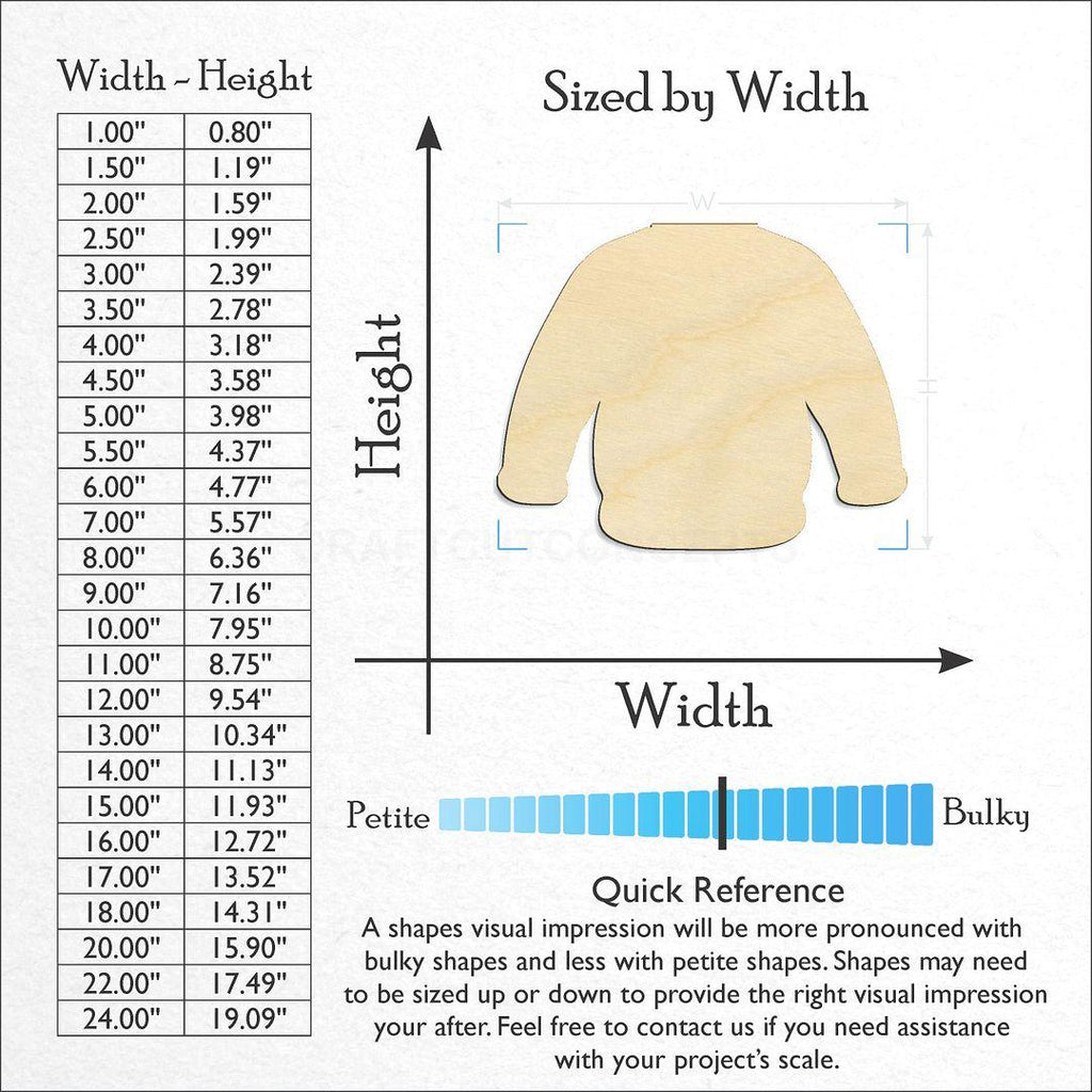 Sizes available for a laser cut Sweater craft blank