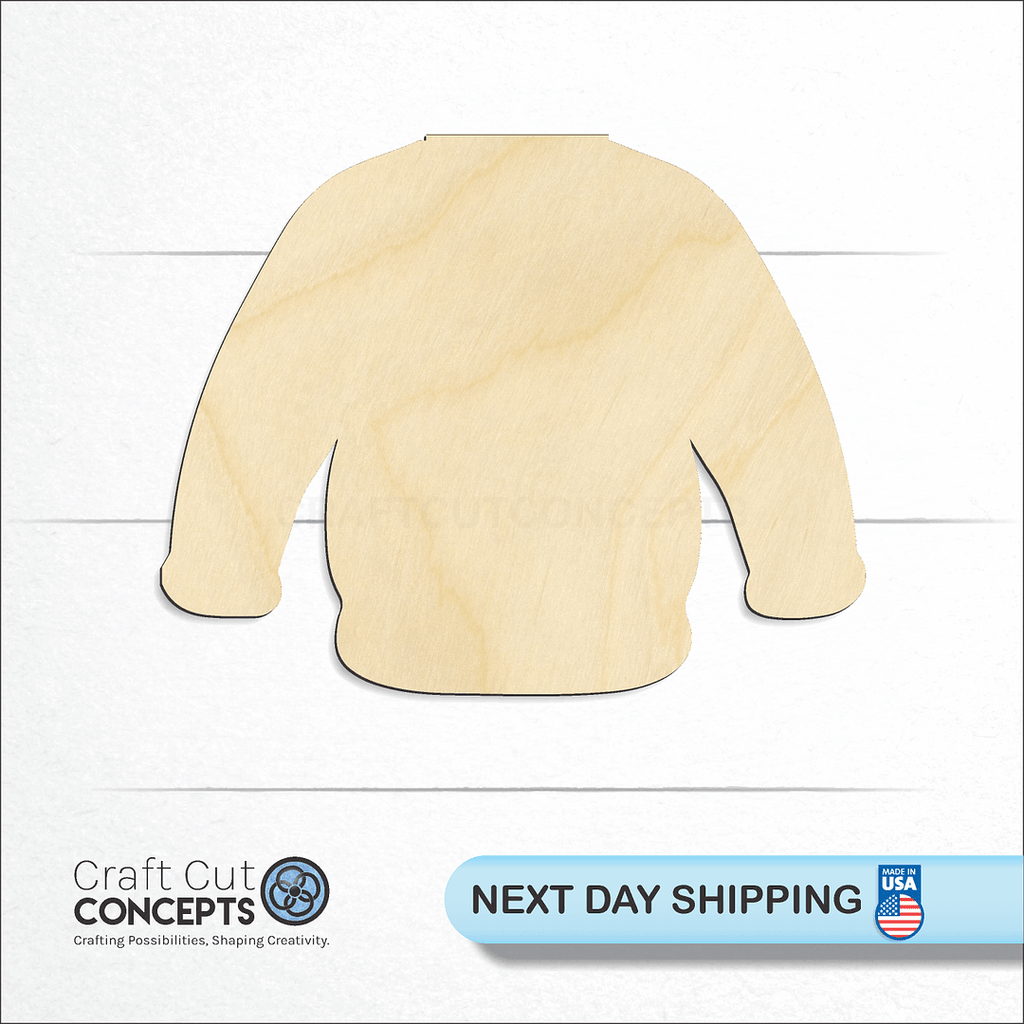 Craft Cut Concepts logo and next day shipping banner with an unfinished wood Sweater craft shape and blank