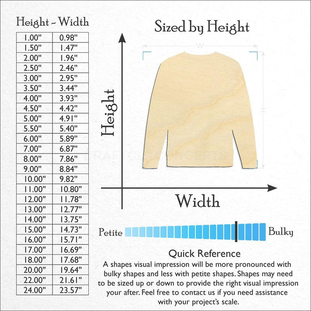 Sizes available for a laser cut Sweater craft blank