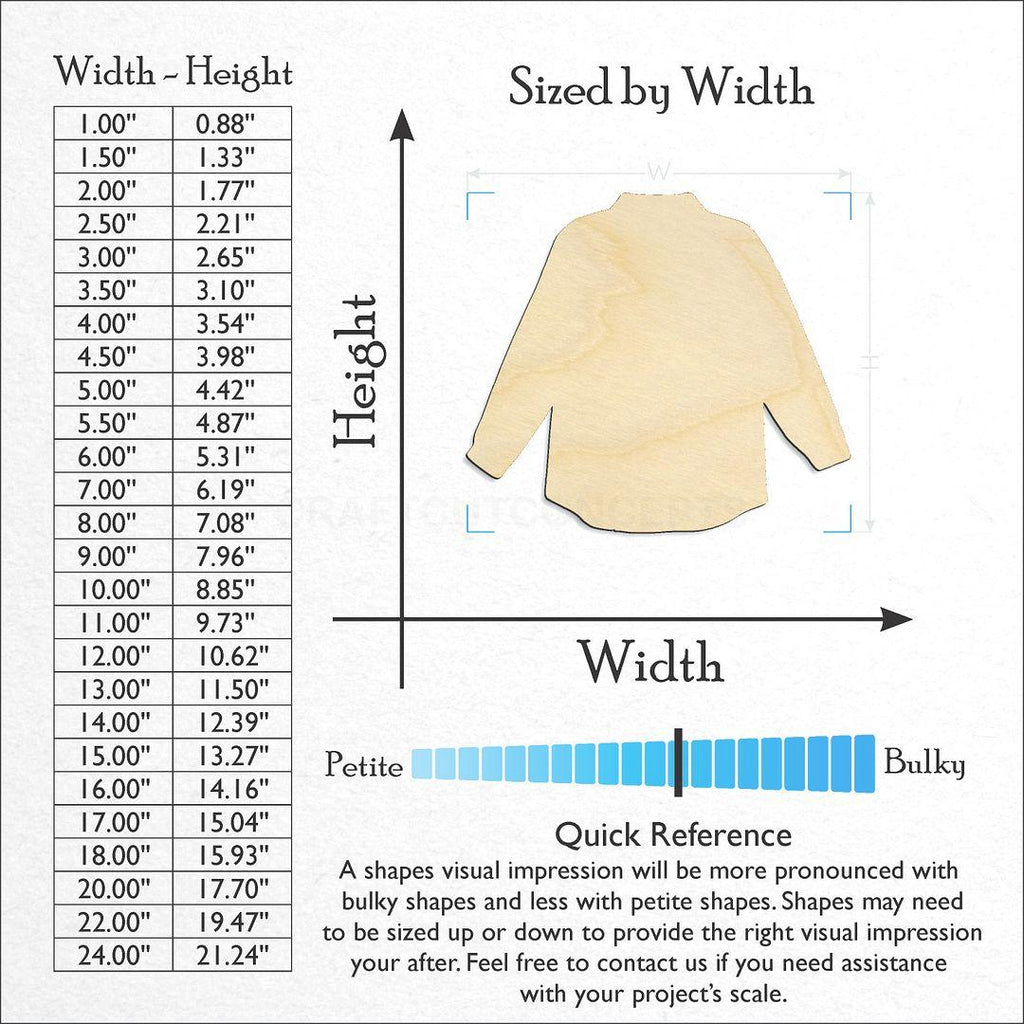 Sizes available for a laser cut Flanel Sweater craft blank