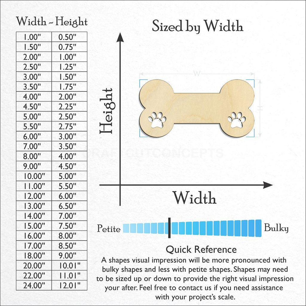 Sizes available for a laser cut Dog Bone with Paws craft blank