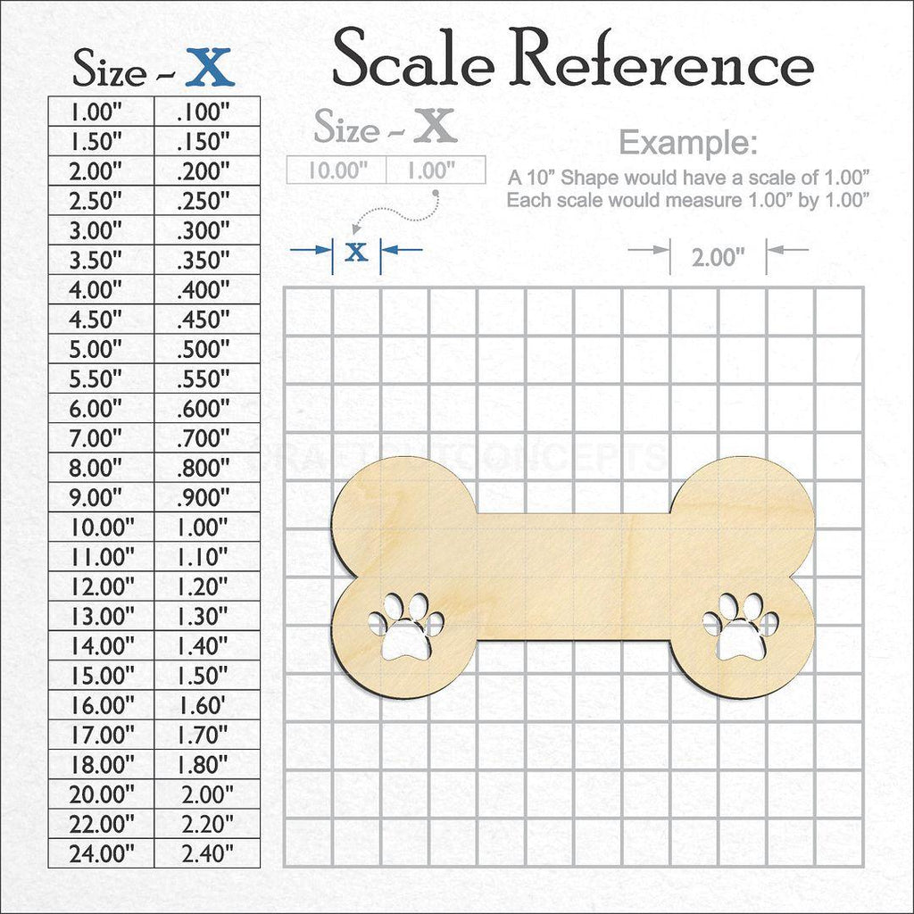 A scale and graph image showing a wood Dog Bone with Paws craft blank